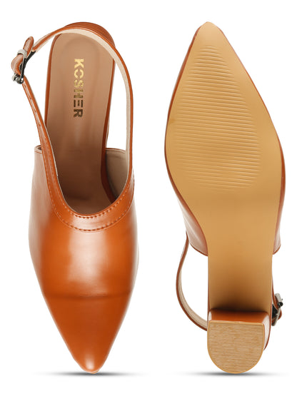 Kosher Women's Tan Pointed Toe Slingback Block Heel Pumps