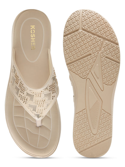 Kosher Women's Cream Comfort Platform Flip-Flops with Studded Strap