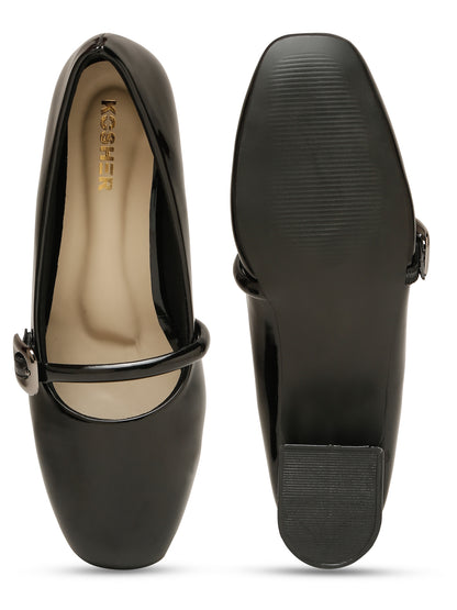 Kosher Women Black Patent Mary Jane Block Heel Pumps | Glossy Closed Toe Casual & Party Heels