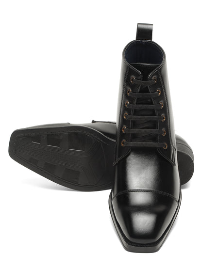 KOSHER Men Black Solid Synthetic Leather Lace-Up Mid-Top High Heel Boots