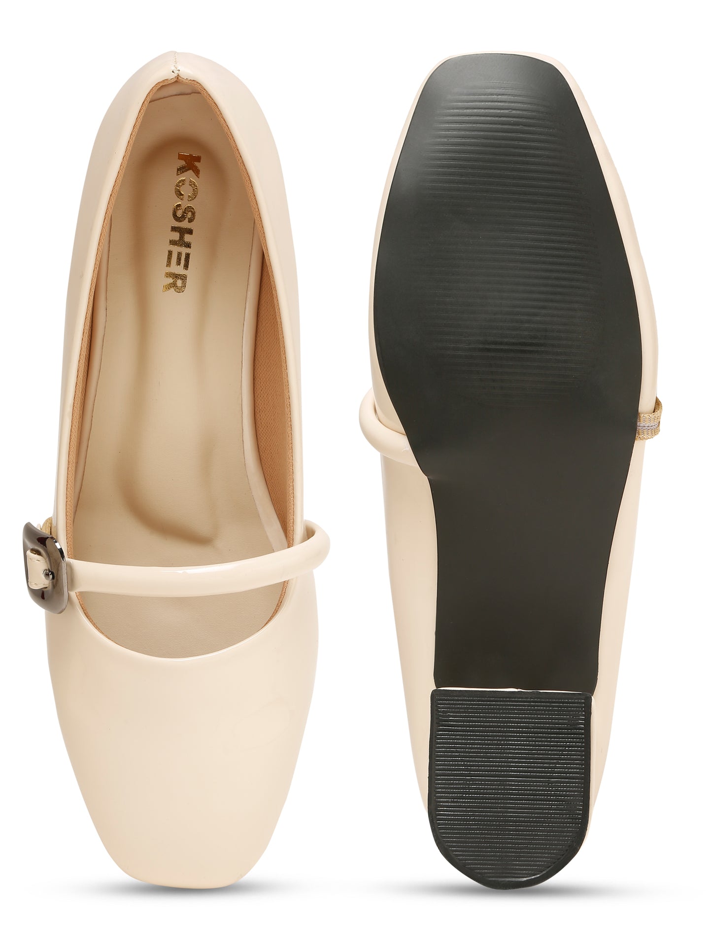 Kosher Women Cream Patent Mary Jane Block Heel Pumps | Glossy Closed Toe Casual & Party Heels