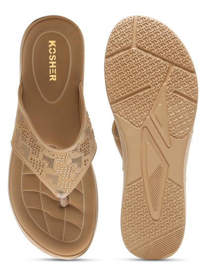 Kosher Women's Beige Comfort Platform Flip-Flops with Studded Strap