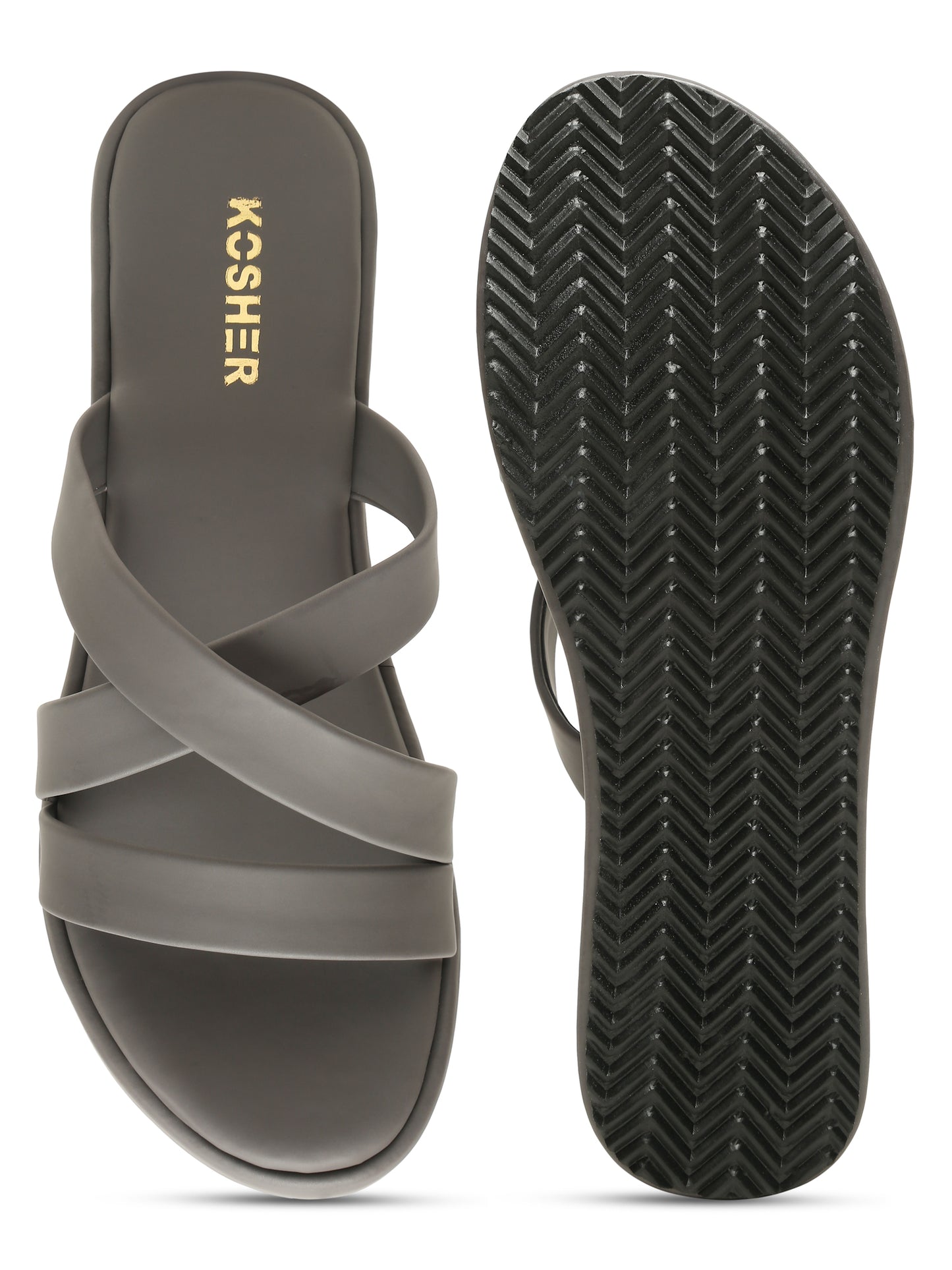 Kosher Women's Dark/Grey Platform Wedge Slides | Stylish Cross Strap Slip-On Sandals for Casual & Daily Wear
