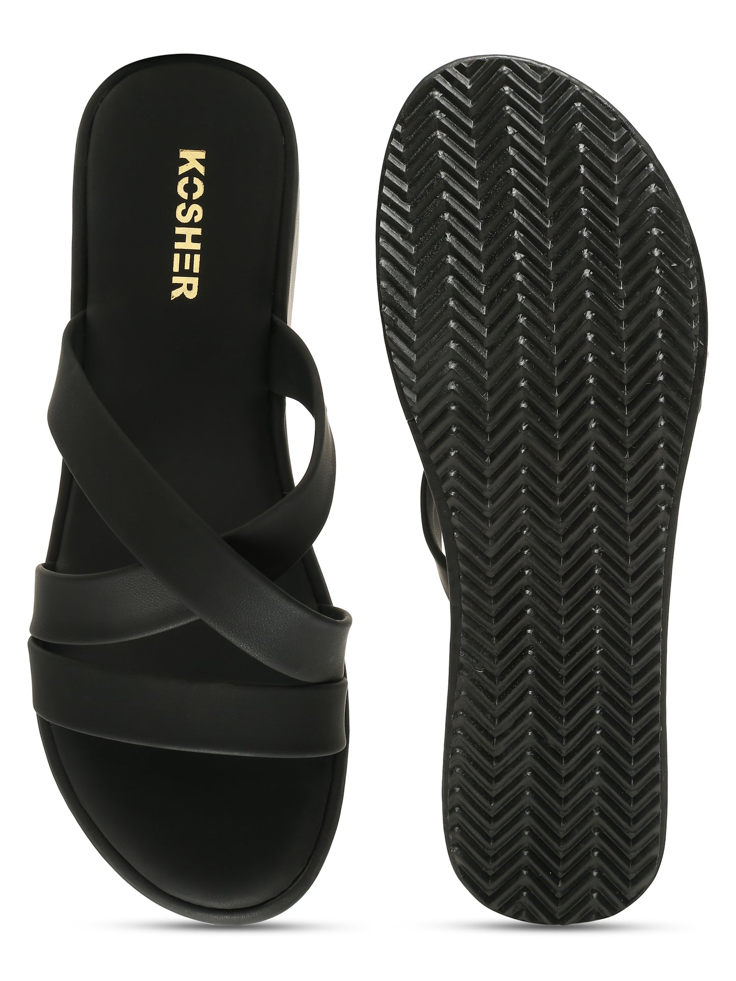 Kosher Women's Black Platform Wedge Slides | Stylish Cross Strap Slip-On Sandals for Casual & Daily Wear