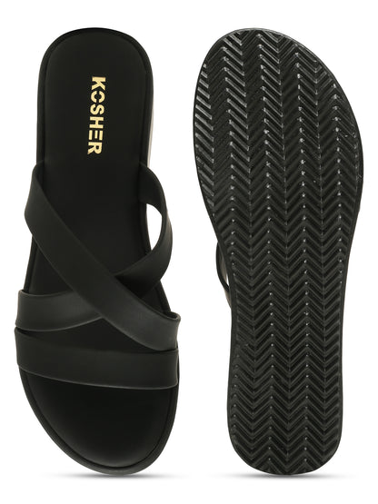 Kosher Women's Black Platform Wedge Slides | Stylish Cross Strap Slip-On Sandals for Casual & Daily Wear