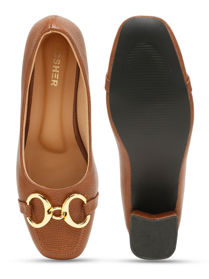 Kosher Women’s Brown Block Heel Pumps with Gold Chain Buckle | Formal Office Wear Heels