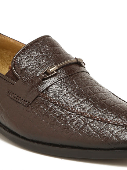 Kosher Men's Brown Textured Slip-On Formal Shoes