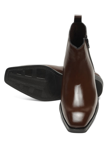 Kosher Men's Premium Brown Synthetic Leather Ankle Chelsea Boots with Side Zip Closure and Cuban Heel