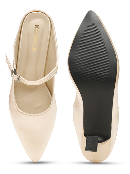 Kosher Women's Cream Mules Heels – Elegant Pointed Toe Slip-On Pumps