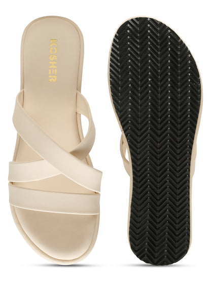 Kosher Women's Cream Platform Wedge Slides | Stylish Cross Strap Slip-On Sandals for Casual & Daily Wear