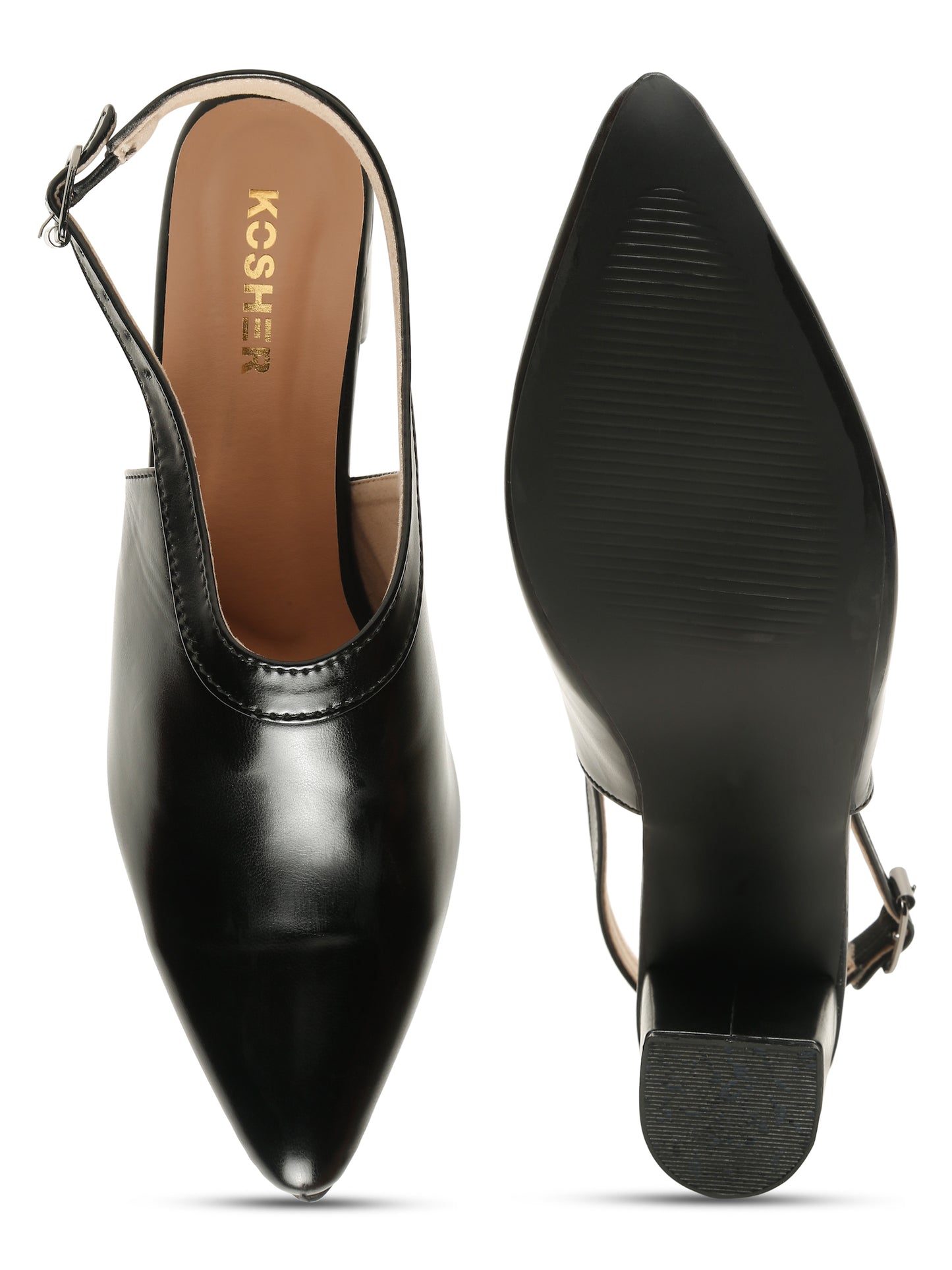 Kosher Women's Black Pointed Toe Slingback Block Heel Pumps