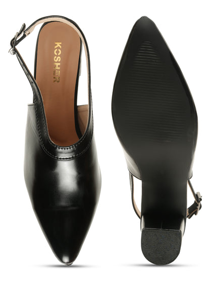Kosher Women's Black Pointed Toe Slingback Block Heel Pumps