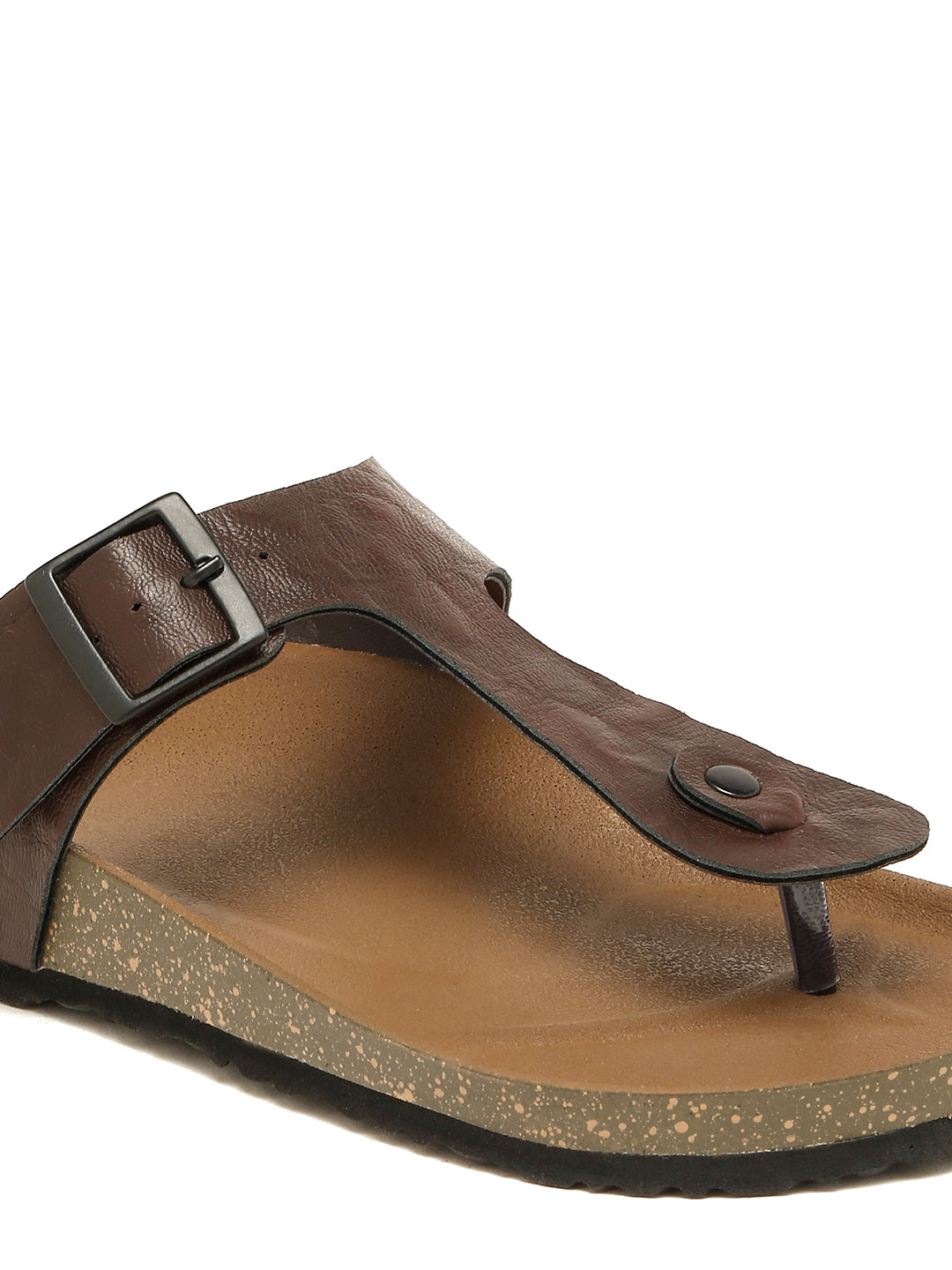 Kosher Men's Brown Textured Thong-Strap Flip-Flops Slippers with Adjustable Buckle