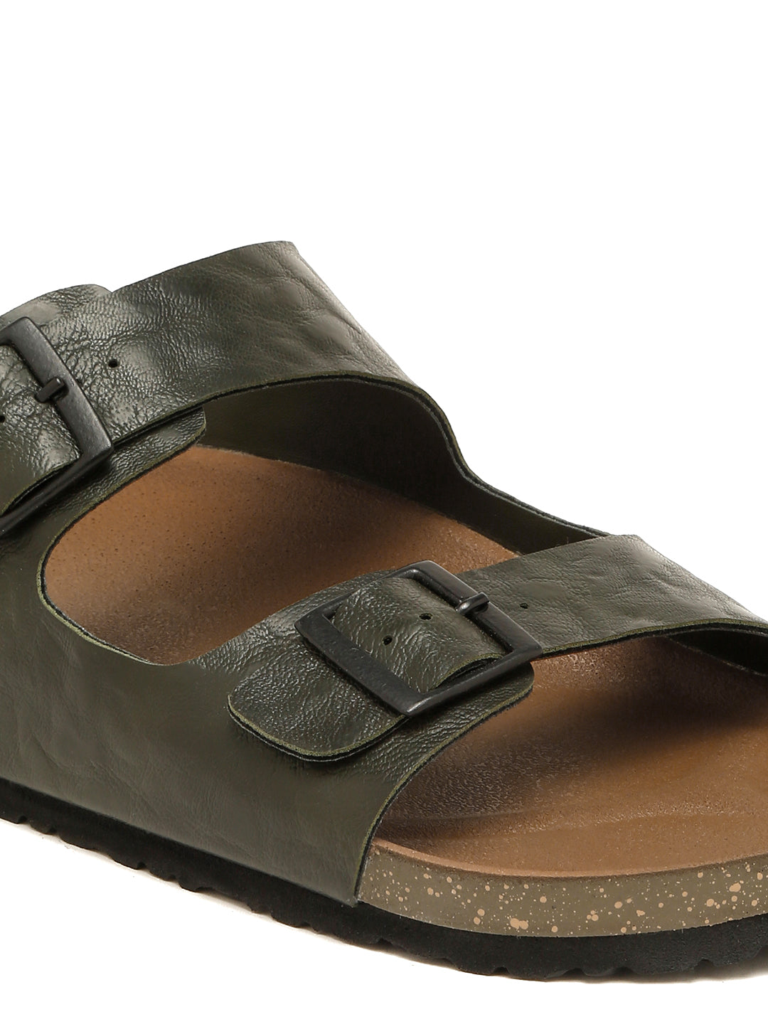 Kosher Men's Stylish and Comfortable Textured Olive Colour Double Buckle Slipper