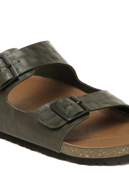 Kosher Men's Stylish and Comfortable Textured Olive Colour Double Buckle Slipper
