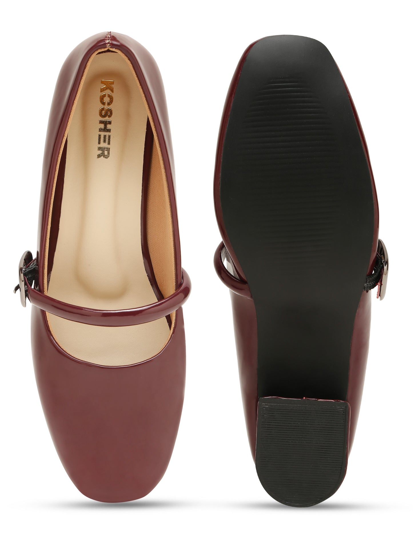 Kosher Women Wine Patent Mary Jane Block Heel Pumps | Glossy Closed Toe Casual & Party Heels