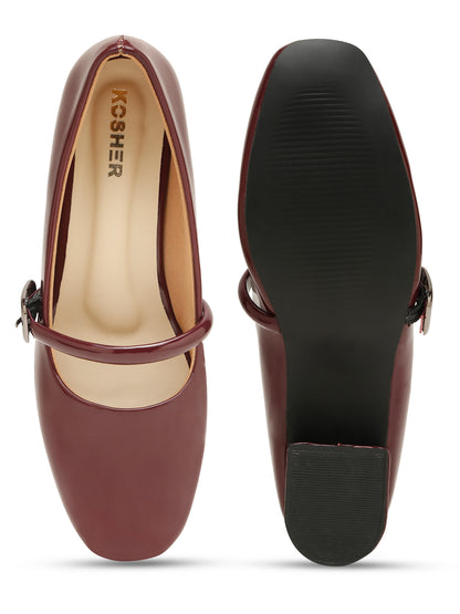 Kosher Women Wine Patent Mary Jane Block Heel Pumps | Glossy Closed Toe Casual & Party Heels