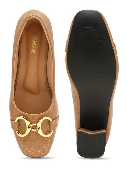 Kosher Women’s Beige Block Heel Pumps with Gold Chain Buckle | Formal Office Wear Heels