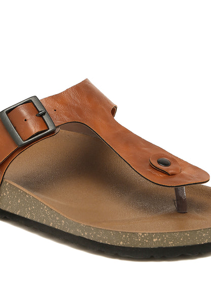 Kosher Men's Tan Textured Thong-Strap Flip-Flops Slippers with Adjustable Buckle