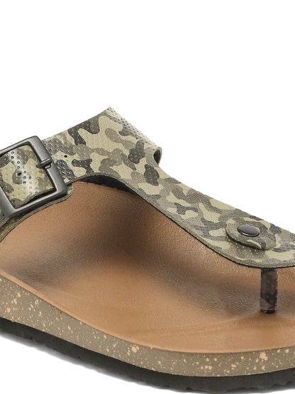 KOSHER Men's Printed Casual T-Strap Flat Slippers