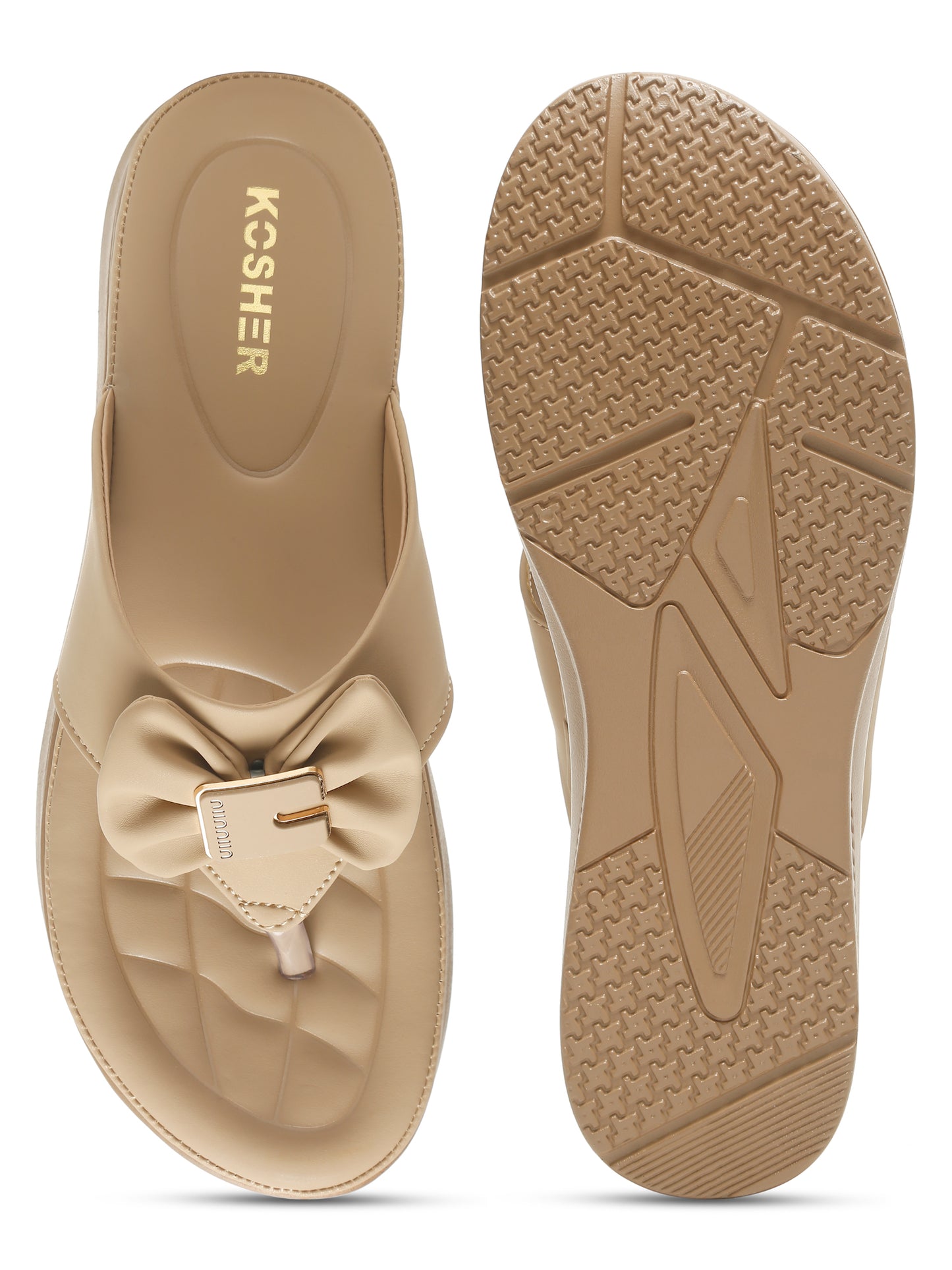 Kosher Women's Comfort Platform Toe-Ring Slippers with Bow Accent – Beige