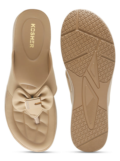 Kosher Women's Comfort Platform Toe-Ring Slippers with Bow Accent – Beige