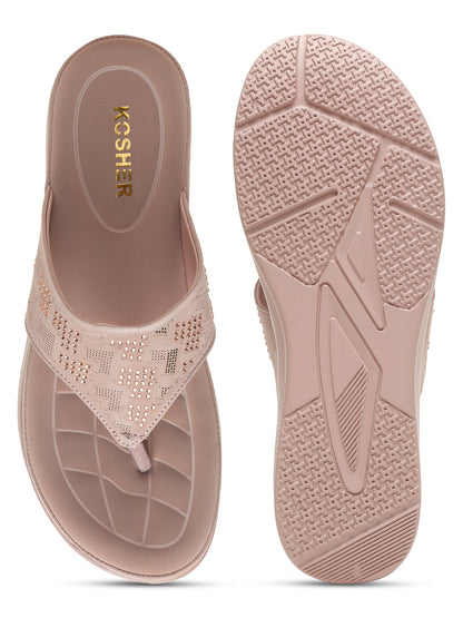 Kosher Women's Wood/Rose Comfort Platform Flip-Flops with Studded Strap
