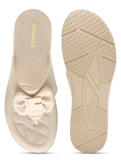 Kosher Women's Comfort Platform Toe-Ring Slippers with Bow Accent – Cream