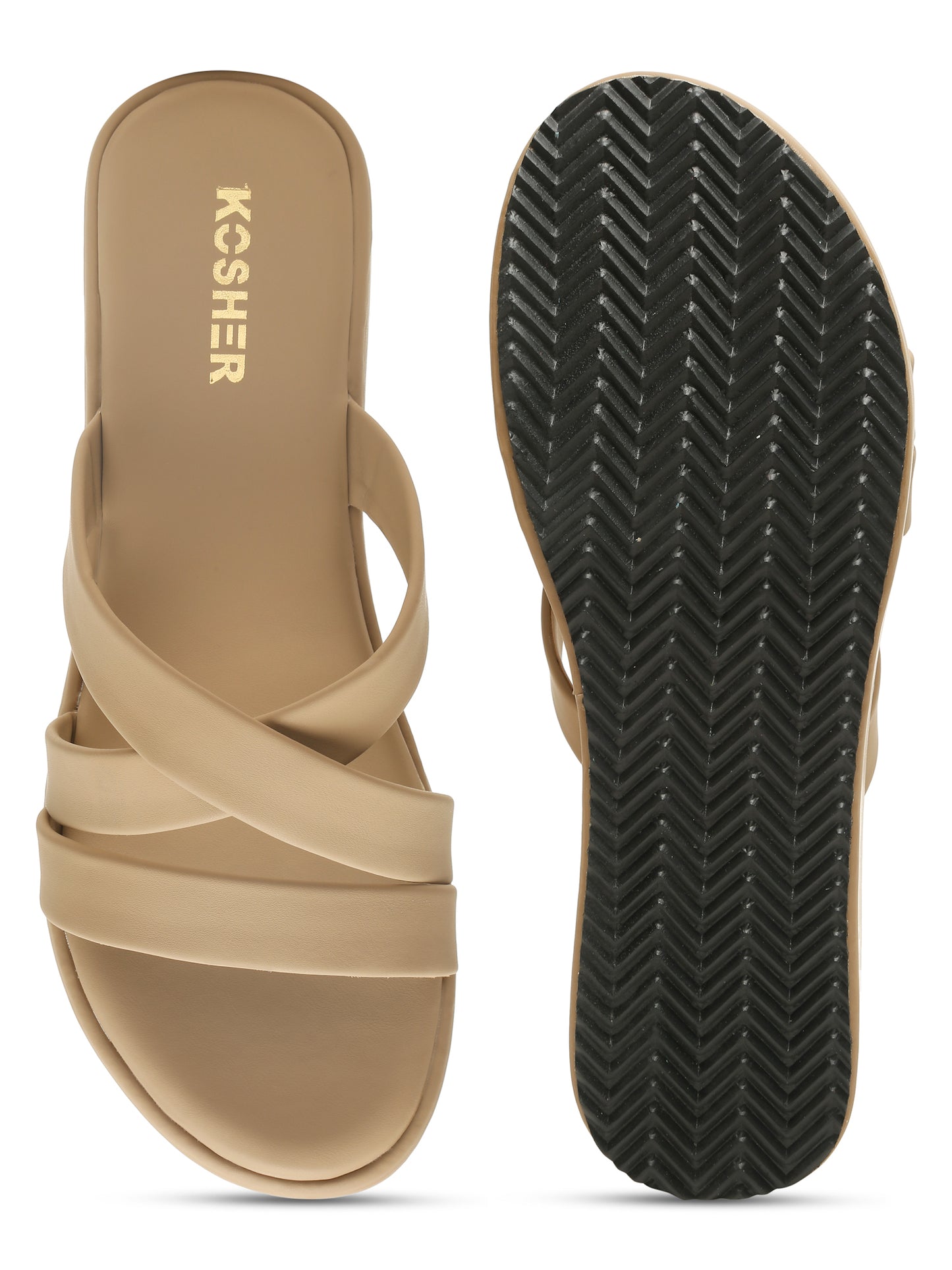 Kosher Women's Beige Platform Wedge Slides | Stylish Cross Strap Slip-On Sandals for Casual & Daily Wear