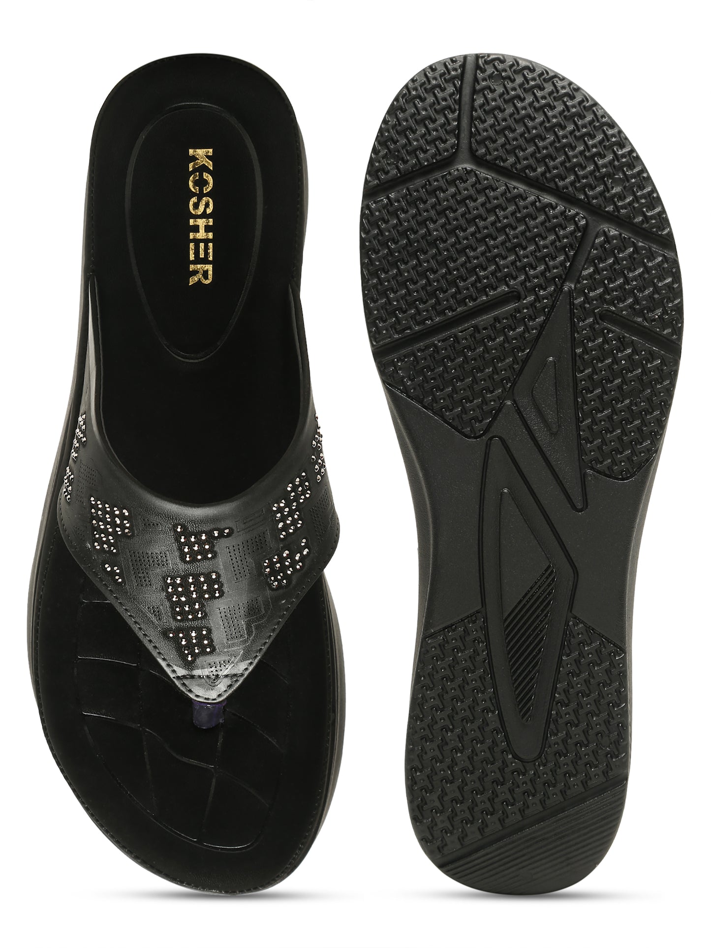 Kosher Women's Black Comfort Platform Flip-Flops with Studded Strap
