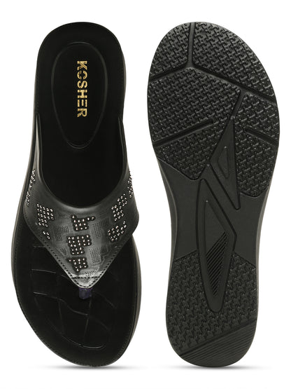 Kosher Women's Black Comfort Platform Flip-Flops with Studded Strap