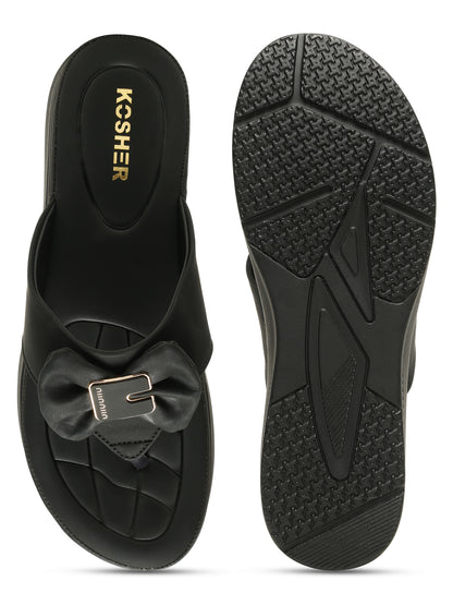 Kosher Women's Comfort Platform Toe-Ring Slippers with Bow Accent – Black