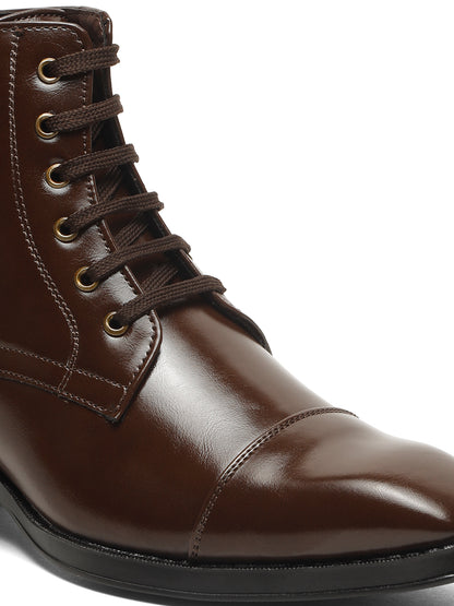 KOSHER Men Brown Solid Synthetic Leather Lace-Up Mid-Top High Heel Boots