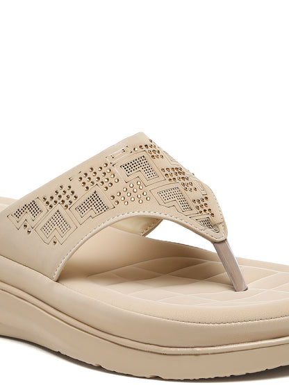 Kosher Women's Cream Comfort Platform Flip-Flops with Studded Strap