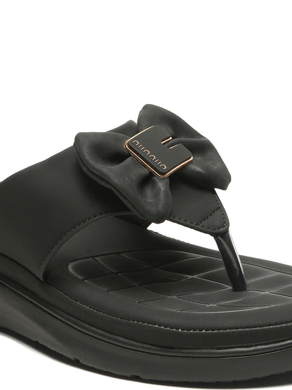 Kosher Women's Comfort Platform Toe-Ring Slippers with Bow Accent – Black