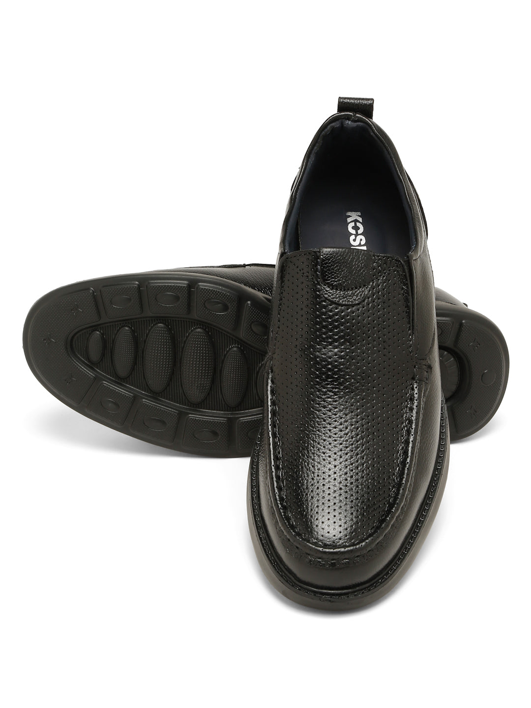 Kosher Men's Black Genuine Leather Slip-On Perforated Shoes