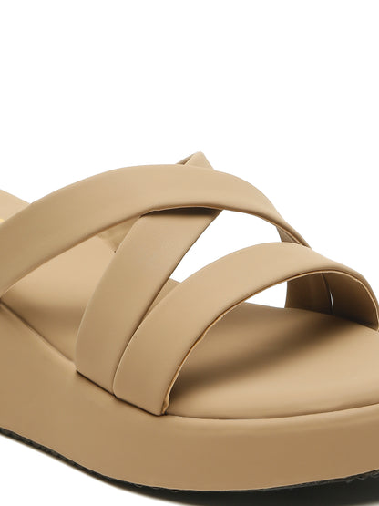Kosher Women's Beige Platform Wedge Slides | Stylish Cross Strap Slip-On Sandals for Casual & Daily Wear