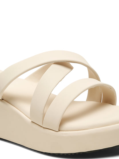 Kosher Women's Cream Platform Wedge Slides | Stylish Cross Strap Slip-On Sandals for Casual & Daily Wear