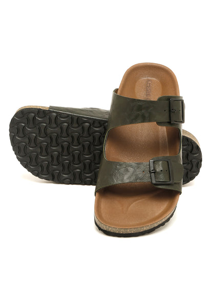 Kosher Men's Stylish and Comfortable Textured Olive Colour Double Buckle Slipper