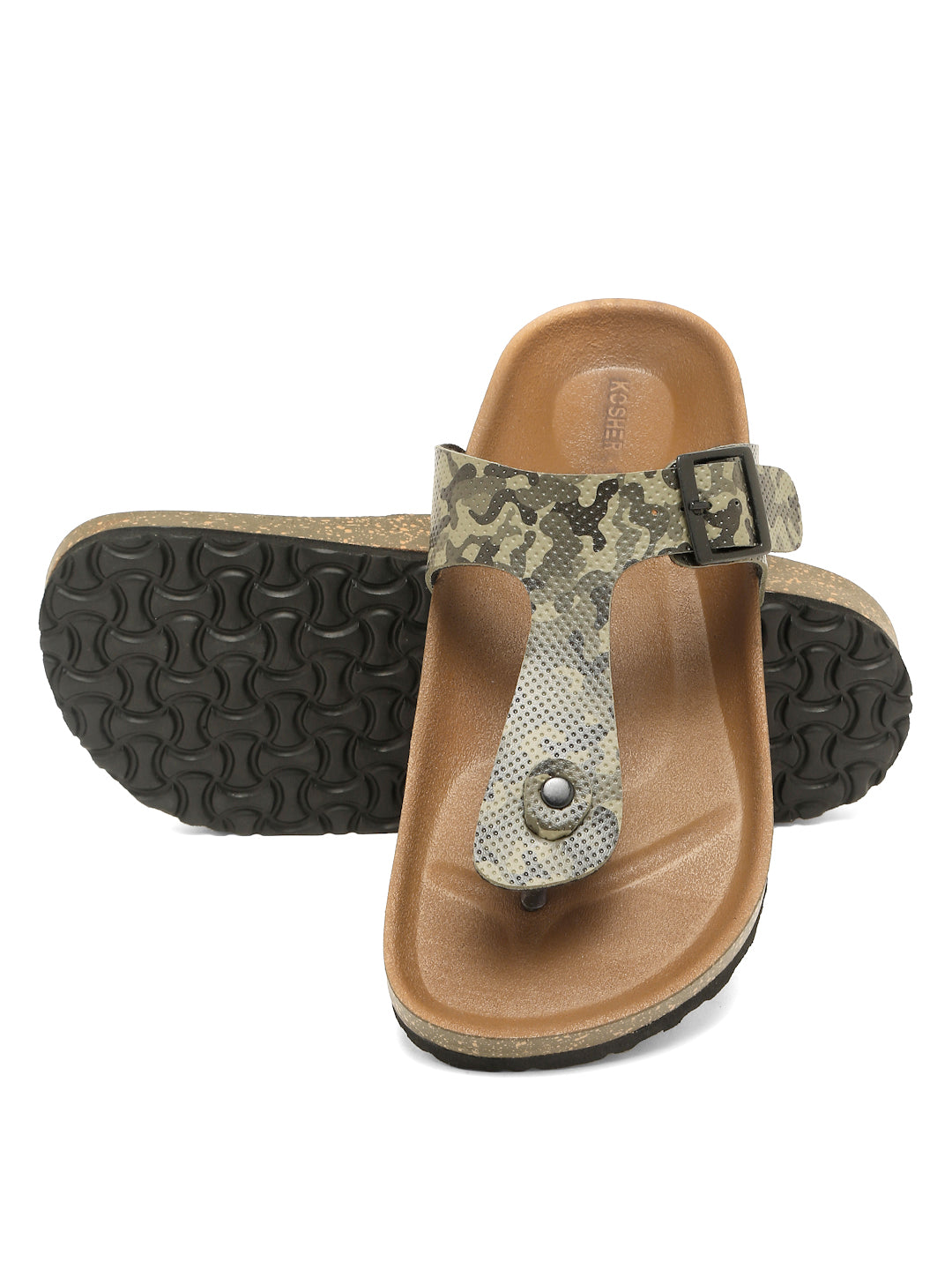 KOSHER Men's Printed Casual T-Strap Flat Slippers