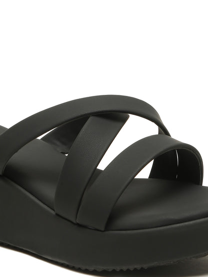 Kosher Women's Black Platform Wedge Slides | Stylish Cross Strap Slip-On Sandals for Casual & Daily Wear