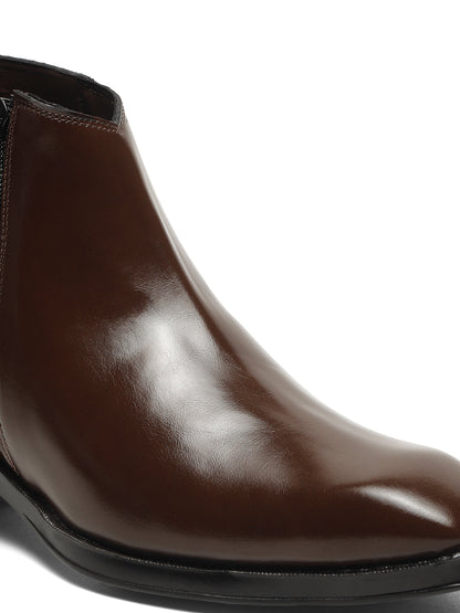 Kosher Men's Premium Brown Synthetic Leather Ankle Chelsea Boots with Side Zip Closure and Cuban Heel