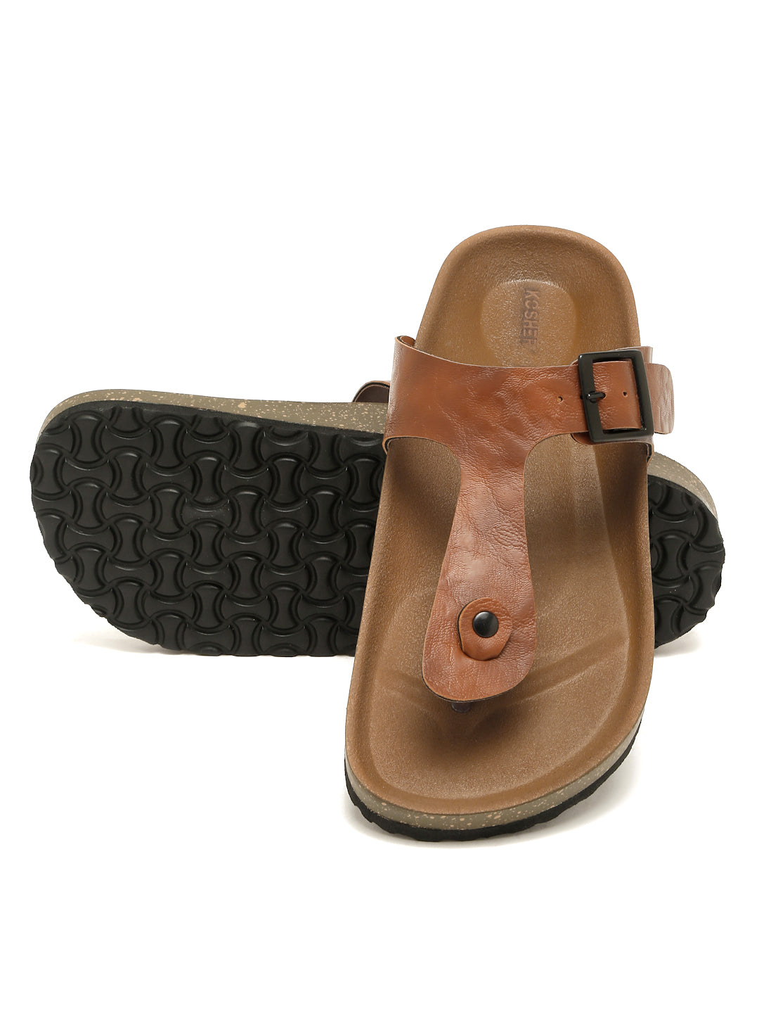 Kosher Men's Tan Textured Thong-Strap Flip-Flops Slippers with Adjustable Buckle