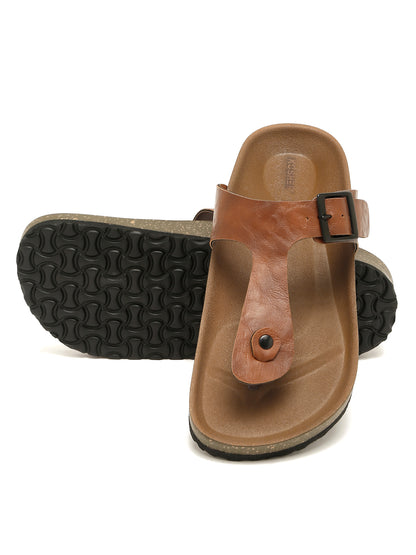 Kosher Men's Tan Textured Thong-Strap Flip-Flops Slippers with Adjustable Buckle