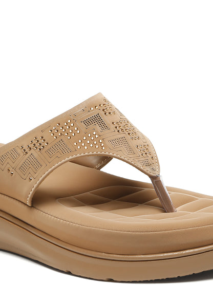 Kosher Women's Beige Comfort Platform Flip-Flops with Studded Strap