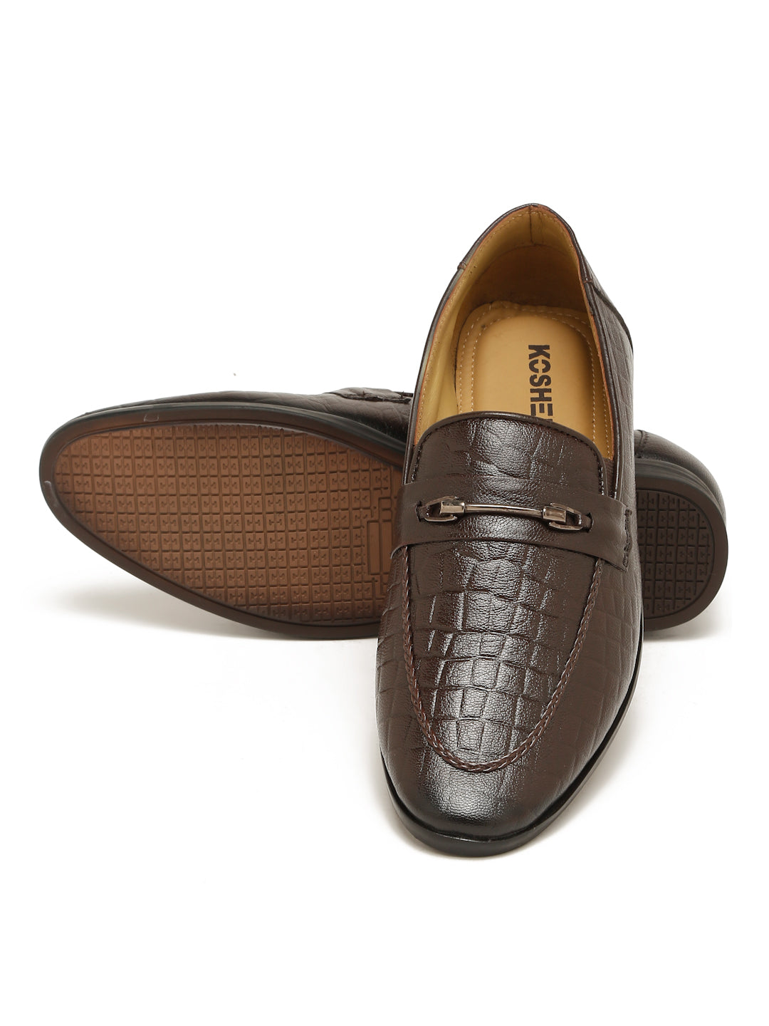 Kosher Men's Brown Textured Slip-On Formal Shoes