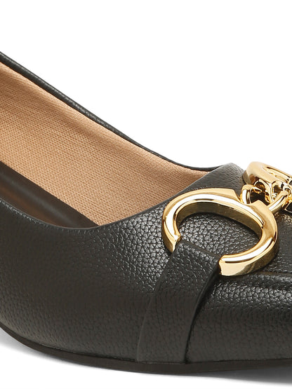 Kosher Women’s Black Block Heel Pumps with Gold Chain Buckle | Formal Office Wear Heels