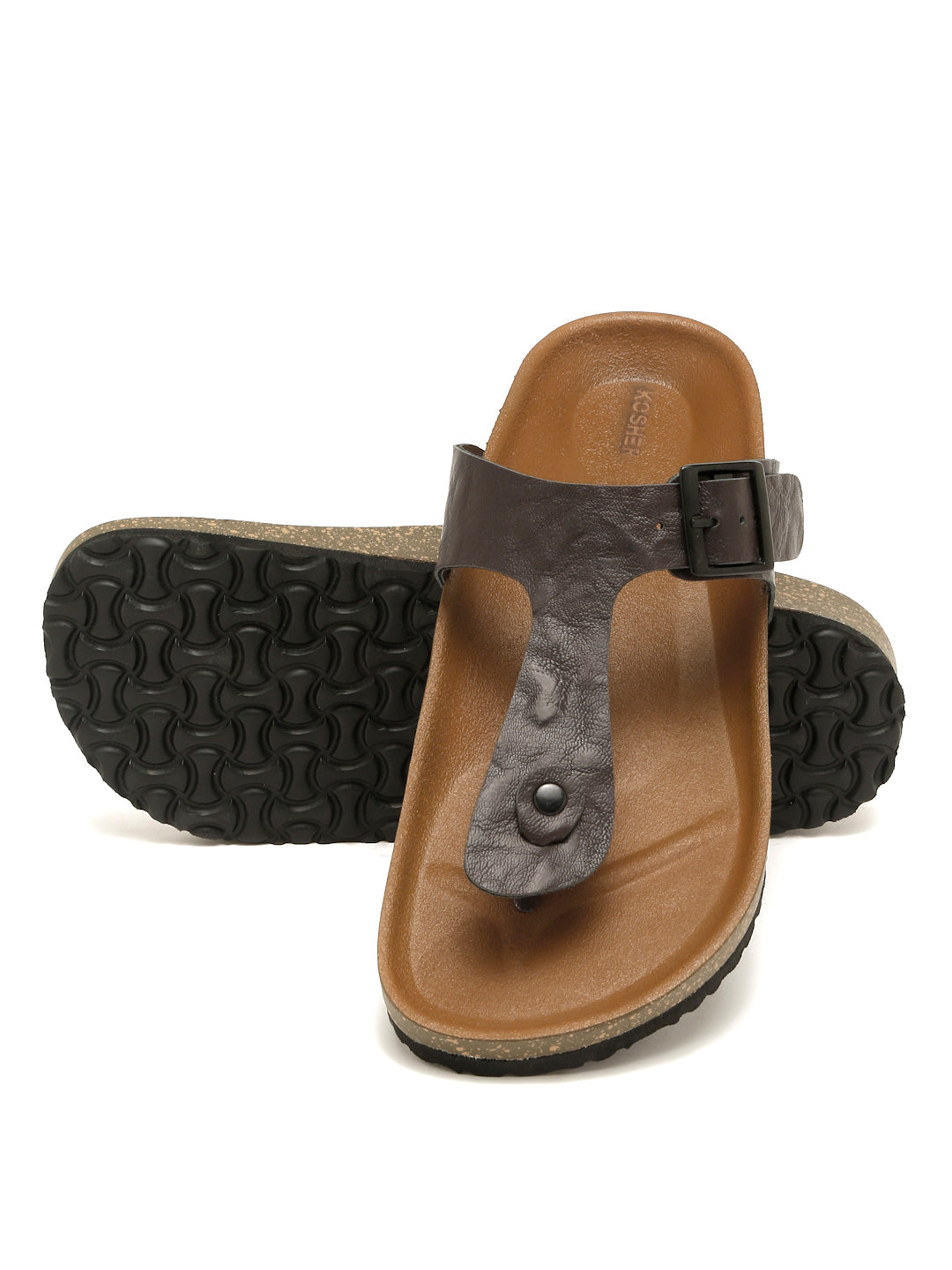 Kosher Men's Brown Textured Thong-Strap Flip-Flops Slippers with Adjustable Buckle