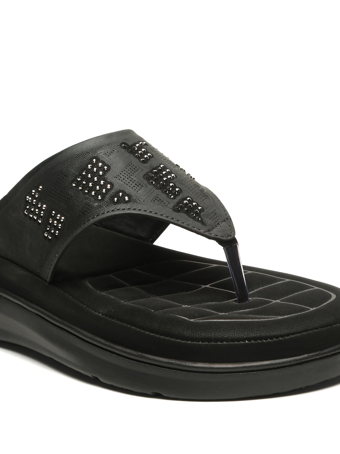 Kosher Women's Black Comfort Platform Flip-Flops with Studded Strap