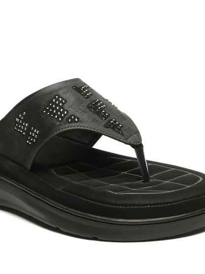 Kosher Women's Black Comfort Platform Flip-Flops with Studded Strap